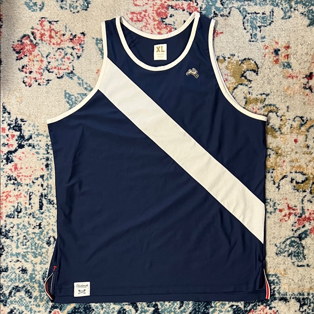Tracksmith Cortlandt Singlet Navy and White Diagonal Stripe Tank Top